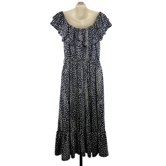 Silkfred Jolie Moi Navy Blue Animal Print Dress Off Shoulder Ruffle Tiered 8 12 - Picture 11 of 15